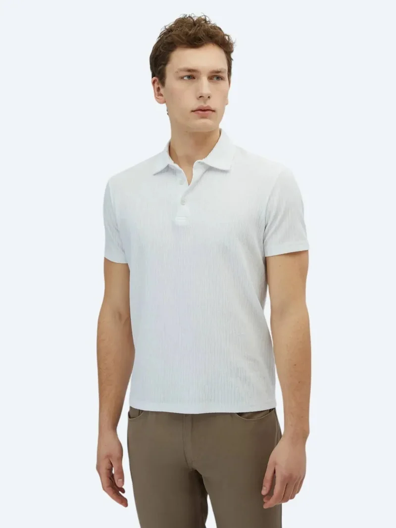 Kip White Patterned Polo Neck Cotton Blended T-Shirt