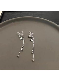 Ultra-fashionable Flash Long Butterfly Tassel Earrings Women Light Luxury Small Design Ear Clips Ear Jewelry Silver H2687