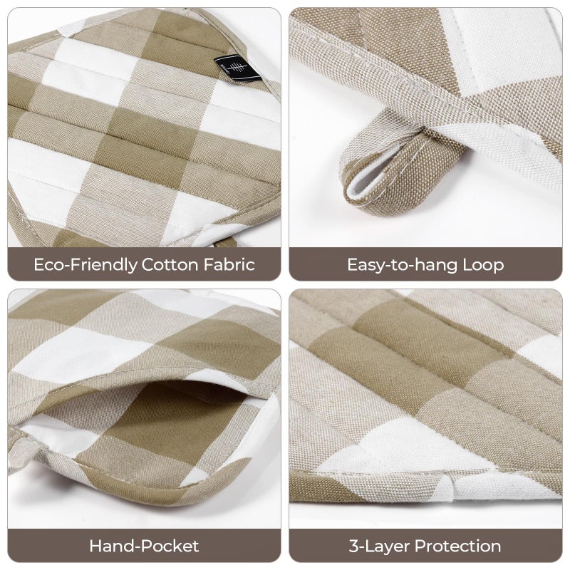 BONTHEE Cotton Pot Holders for Kitchen Heat Resistant Potholder, Hot Pads, Trivet Coaster Non-Slip Potholders Set for Cooking and Baking (2, Light Brown Plaid, Squareï¼Œ8.27 inÂ²) - Image 3