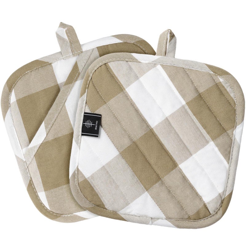 BONTHEE Cotton Pot Holders for Kitchen Heat Resistant Potholder, Hot Pads, Trivet Coaster Non-Slip Potholders Set for Cooking and Baking (2, Light Brown Plaid, Squareï¼Œ8.27 inÂ²) - Image 1