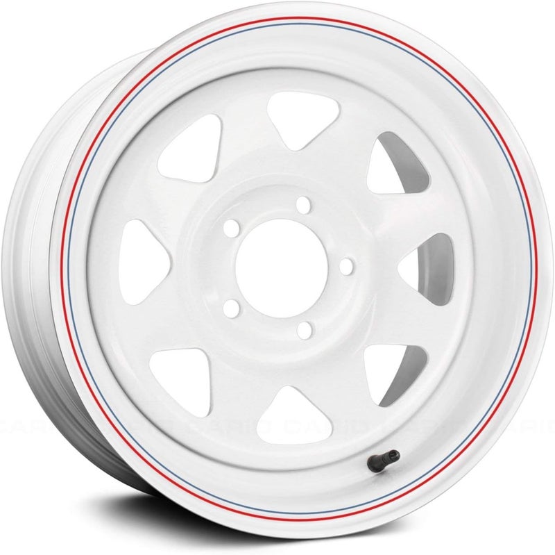 Allied Wheel 80W White 8-Spoke 15x8 5x4.5, 3.75"BS, Durable Gloss White Finish Steel Wheel for Cars and Light Trucks, Chrome Cap Included, Protective E-Coating