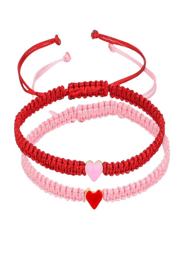 Pingyongchang 2PCS Colorful Heart Beaded Matching Bracelets for Couples and Friendships -Red + Pink - Image 1