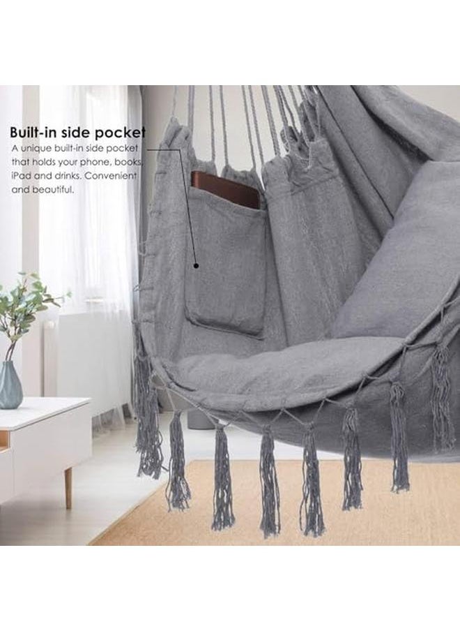 Generic - Hammock Chair Hanging Rope Swing Max 180Kg Large Macrame Hanging Chair Swing Seat With Pocket Swing Chair With Hanging Hardware Kits And 2 Cushions For Patio Bedroom Indoor Or Outdoor - Image 1