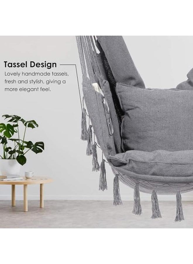 Generic - Hammock Chair Hanging Rope Swing Max 180Kg Large Macrame Hanging Chair Swing Seat With Pocket Swing Chair With Hanging Hardware Kits And 2 Cushions For Patio Bedroom Indoor Or Outdoor - Image 1