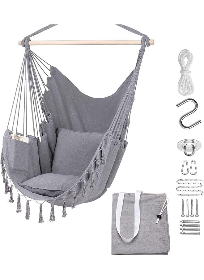 Generic - Hammock Chair Hanging Rope Swing Max 180Kg Large Macrame Hanging Chair Swing Seat With Pocket Swing Chair With Hanging Hardware Kits And 2 Cushions For Patio Bedroom Indoor Or Outdoor - Image 1
