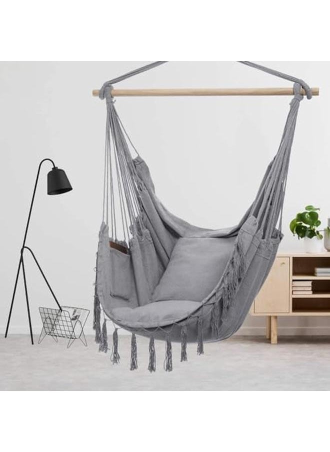 Generic - Hammock Chair Hanging Rope Swing Max 180Kg Large Macrame Hanging Chair Swing Seat With Pocket Swing Chair With Hanging Hardware Kits And 2 Cushions For Patio Bedroom Indoor Or Outdoor - Image 1