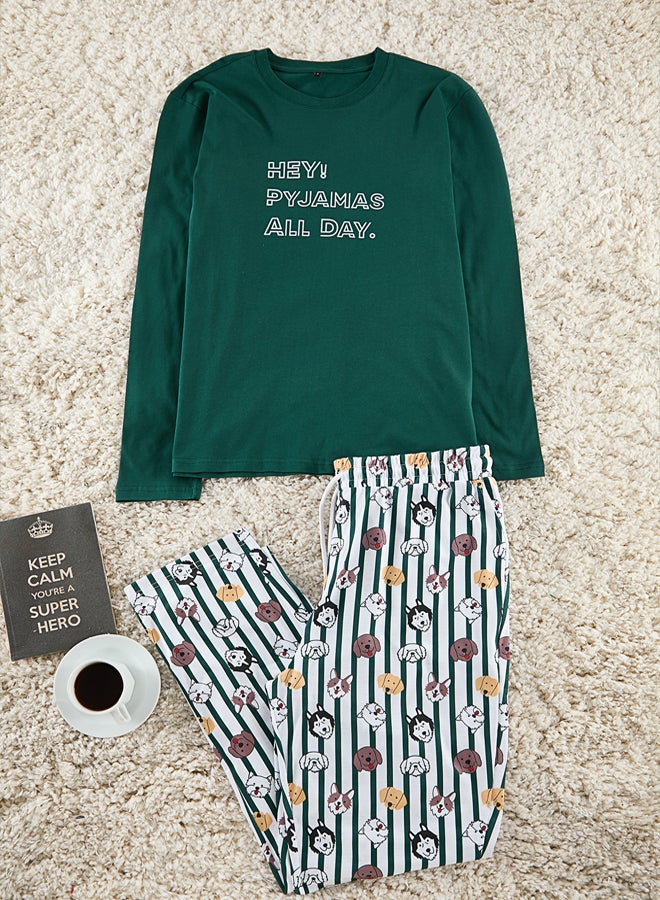 trendyol Emerald Green 100% Cotton Regular Fit Printed Knitted Pajama Set - Image 1