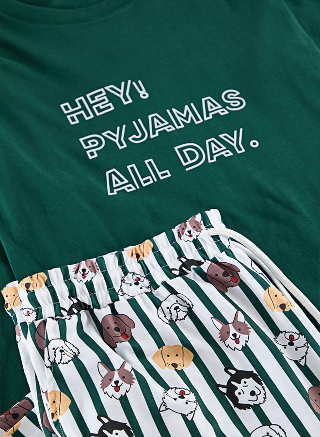 trendyol Emerald Green 100% Cotton Regular Fit Printed Knitted Pajama Set - Image 2