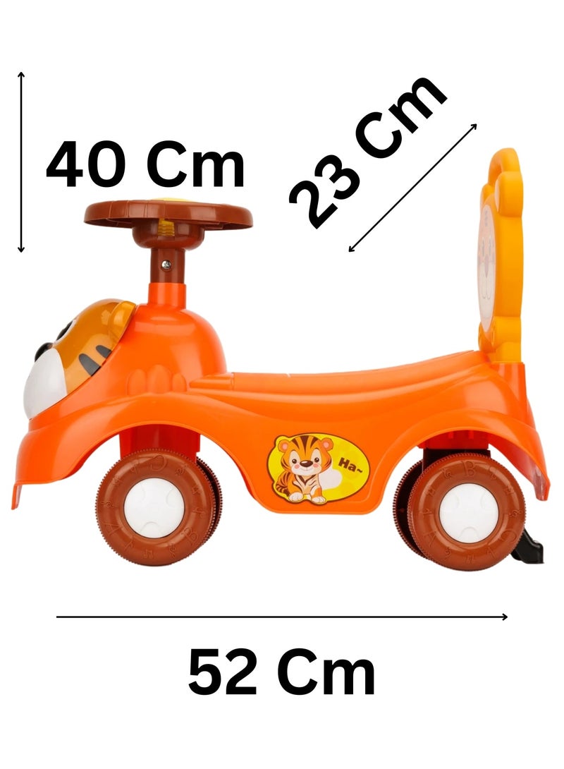 Kids Tiger-Themed Ride-On Car – Push Car with Steering Wheel & Horn, Sturdy 4-Wheel Design, Fun Stickers – Indoor & Outdoor Toddler Push Car – Safe & Durable Plastic (Orange)  - Image 2