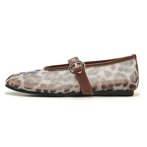 ATBELL Leopard Mesh Ballet Flat for Women Round Toe Buckle Strap Summer Mary Jane Flats Comfortable Casual Ballerina Shoes in Size 7 - Image 1
