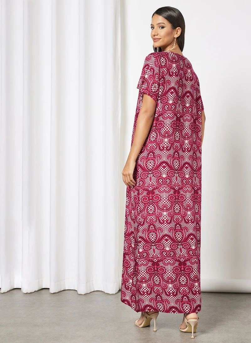 Hayat Jalabiya In Abstract Print  With Lace And Tassel Embellishments