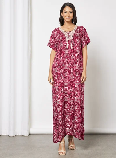 Hayat Jalabiya In Abstract Print  With Lace And Tassel Embellishments