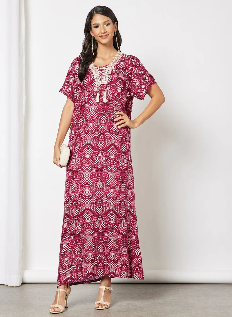Hayat Jalabiya In Abstract Print  With Lace And Tassel Embellishments