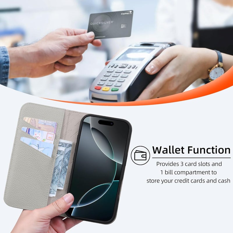 VISOUL Genuine Leather Wallet Case for iPhone 17 6.3-inch 5G 2025, RFID Blocking, Magnetic, Wireless Charging, 3 Card Holders, Kickstand, Shockproof TPU Shell, Protective-Black+Grey - Image 3