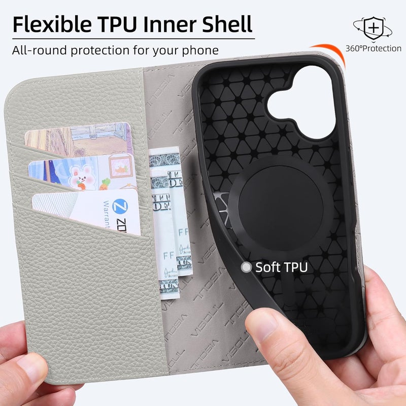 VISOUL Genuine Leather Wallet Case for iPhone 17 6.3-inch 5G 2025, RFID Blocking, Magnetic, Wireless Charging, 3 Card Holders, Kickstand, Shockproof TPU Shell, Protective-Black+Grey - Image 4