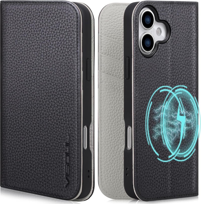VISOUL Genuine Leather Wallet Case for iPhone 17 6.3-inch 5G 2025, RFID Blocking, Magnetic, Wireless Charging, 3 Card Holders, Kickstand, Shockproof TPU Shell, Protective-Black+Grey - Image 1