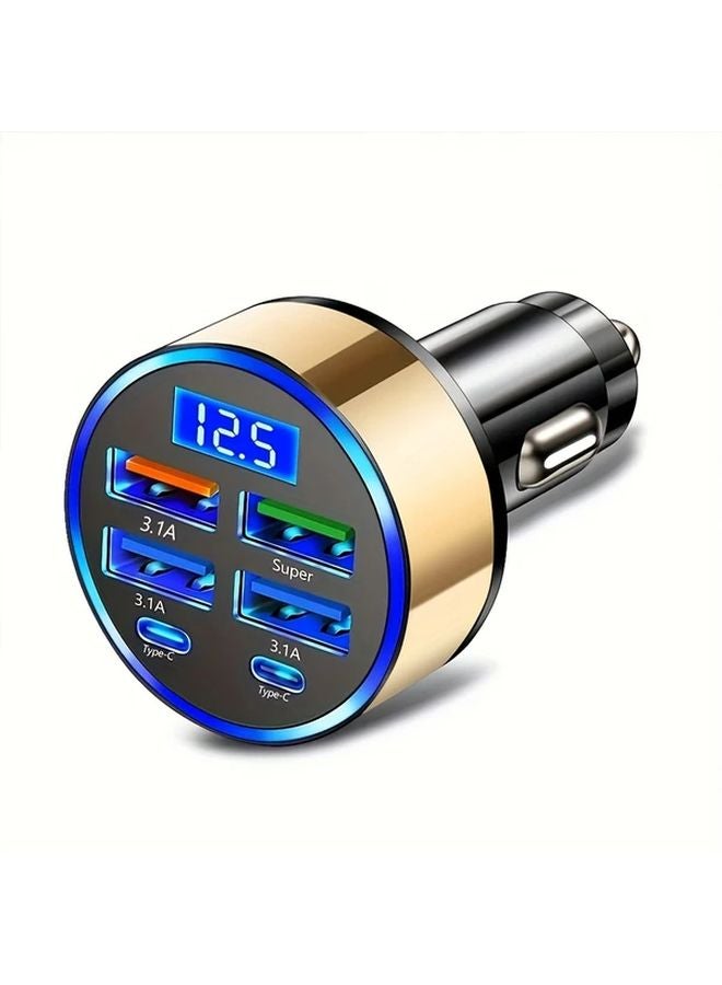 شاحن سيارة سريع 6 في 1 ذهبي مزدوج منفذ PD QC3.0 و4 منافذ USB مع عرض الجهد المحمول لجميع الهواتف - Image 1