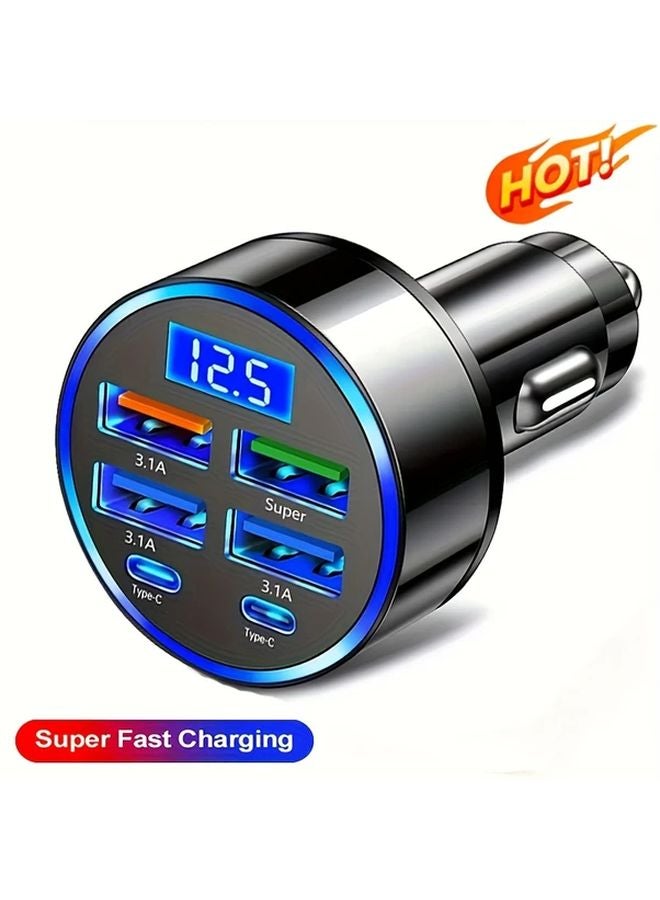 شاحن سيارة سريع 6 في 1 ذهبي مزدوج منفذ PD QC3.0 و4 منافذ USB مع عرض الجهد المحمول لجميع الهواتف - Image 2