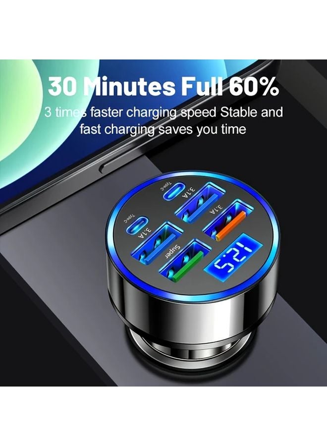 شاحن سيارة سريع 6 في 1 ذهبي مزدوج منفذ PD QC3.0 و4 منافذ USB مع عرض الجهد المحمول لجميع الهواتف - Image 4