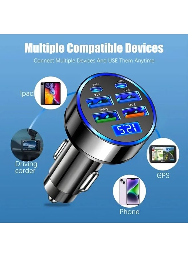 شاحن سيارة سريع 6 في 1 ذهبي مزدوج منفذ PD QC3.0 و4 منافذ USB مع عرض الجهد المحمول لجميع الهواتف - Image 5
