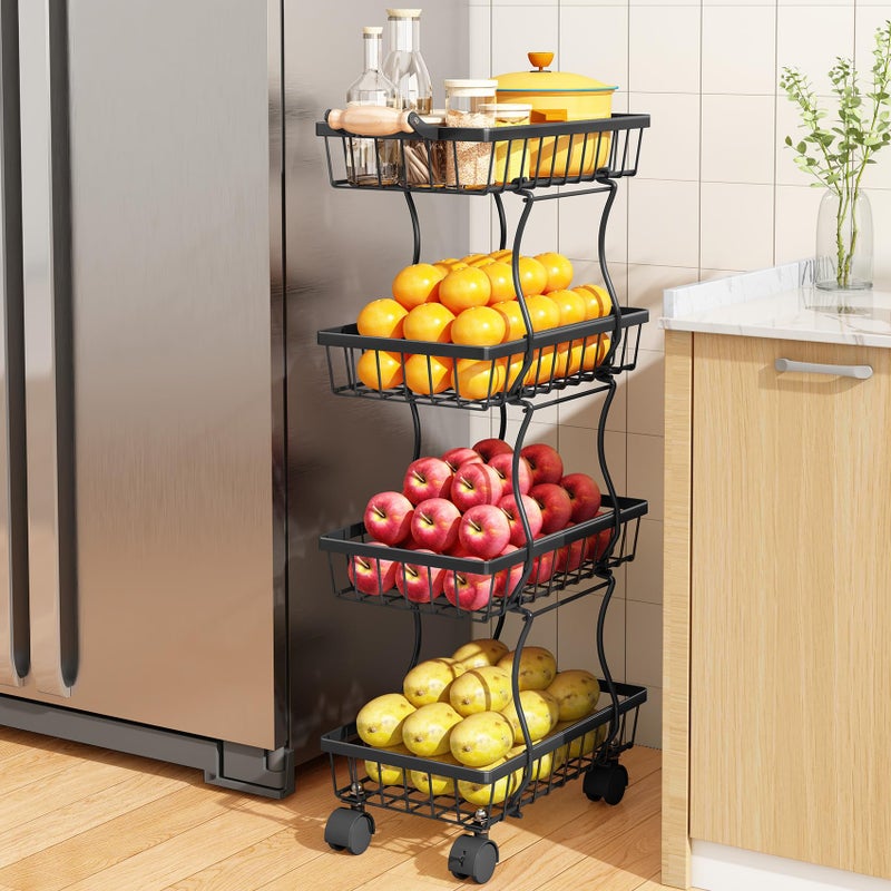 Fruit Basket Kitchen Pantry Organizers and Storage  4 Tier Stackable Metal Wire Basket Stand for Fruit Vegetable Snacks Jars Bins Containers Organization Black