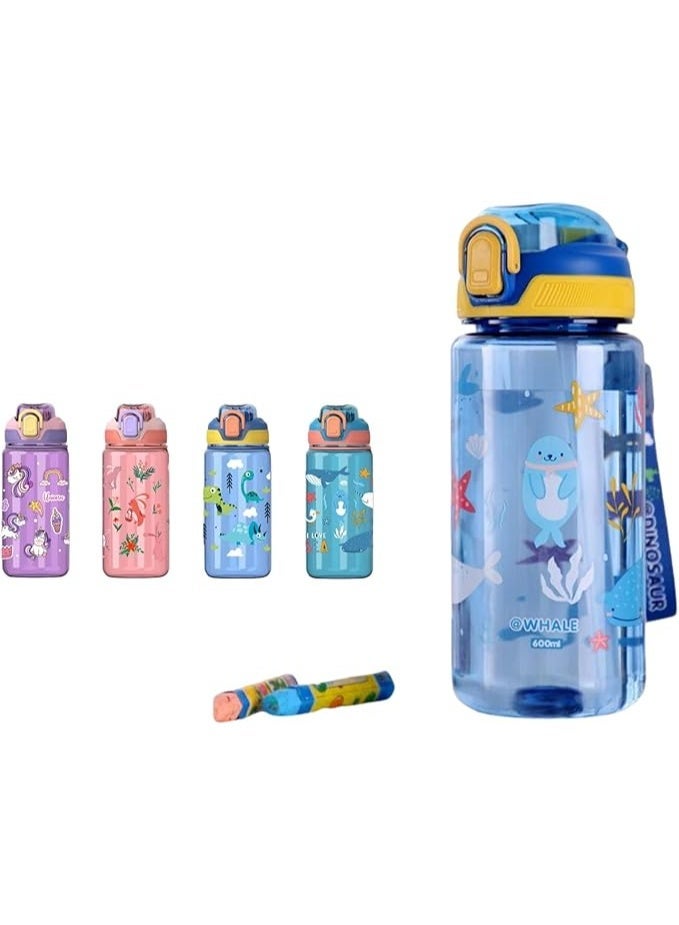 Portable Kids Water Bottle for School or Travel, 600ml Durable Plastic Water Bottle with Silicone Straw and Pop-Up Spout Cover, BPA Free & Dishwasher Safe, Sport Bottle for Girls Boys (Blue) - Image 1
