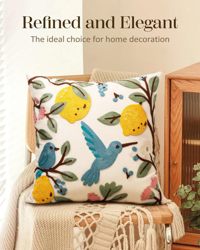 Kokaaee Embroidered Throw Pillow Cover 18x18 Inch - Spring Summer Boho Decorative Pillow Cover with Zipper for Living Room Couch Sofa Bed Aesthetic Design Bird Lemon Cushion Pillowcase - Image 5