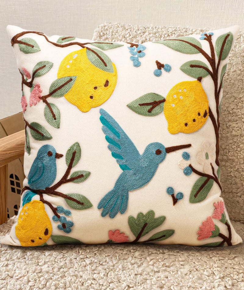 Kokaaee Embroidered Throw Pillow Cover 18x18 Inch - Spring Summer Boho Decorative Pillow Cover with Zipper for Living Room Couch Sofa Bed Aesthetic Design Bird Lemon Cushion Pillowcase - Image 1