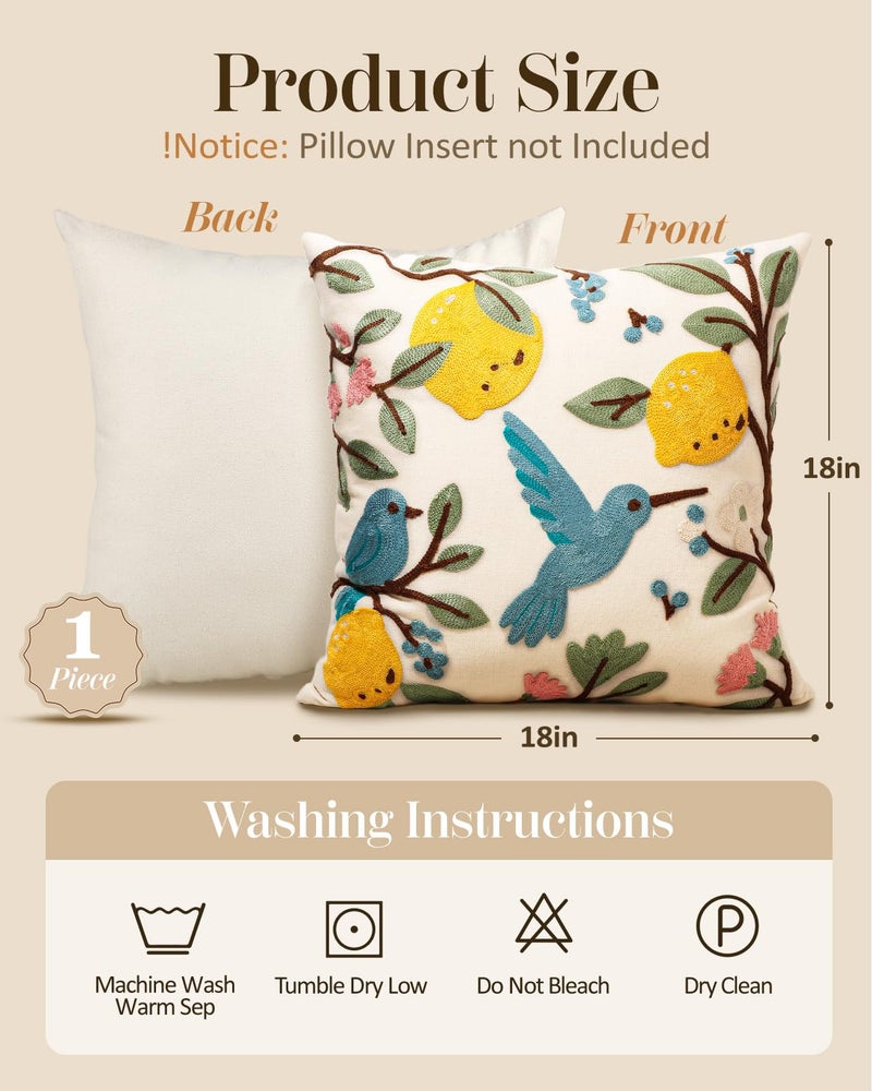 Kokaaee Embroidered Throw Pillow Cover 18x18 Inch - Spring Summer Boho Decorative Pillow Cover with Zipper for Living Room Couch Sofa Bed Aesthetic Design Bird Lemon Cushion Pillowcase - Image 4