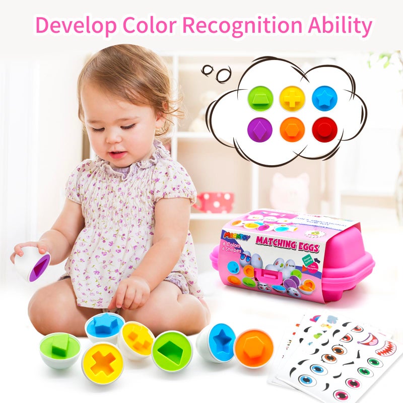 MOONTOY Toddler Toys Easter Eggs Learning Montessori Toys for 1 2 3 Year Old Girl Boy Kid Gift Matching Eggs Educational Color Sorting Baby Puzzle Cognitive Shape Sorter, 6 Eggs Easter Basket Stuffers - Image 3