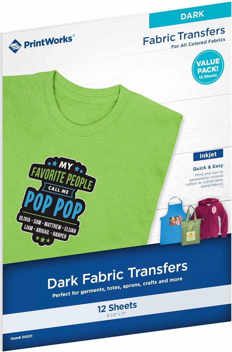 PrintWorks Iron on Heat Transfer Paper for Inkjet Printer - Printable Heat Transfer Vinyl for Dark Fabric (Printable HTV) - 8.5" x 11" - 12 Sheets - Made in The USA - Iron on Vinyl (00531) - Image 1