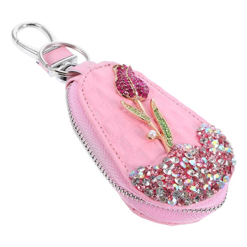 Car Key Bag Rhinestones Rose Flower Car key Protector Holder Pouch Remote Case Portable For Keychain Sleeve Accessory For Women - Image 1