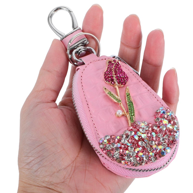 Car Key Bag Rhinestones Rose Flower Car key Protector Holder Pouch Remote Case Portable For Keychain Sleeve Accessory For Women - Image 2