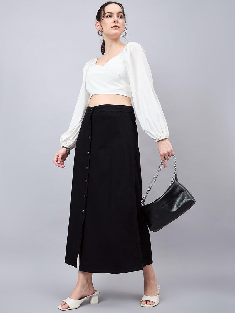 Style Quotient Women Black A-Line Maxi Denim Skirt - Image 5