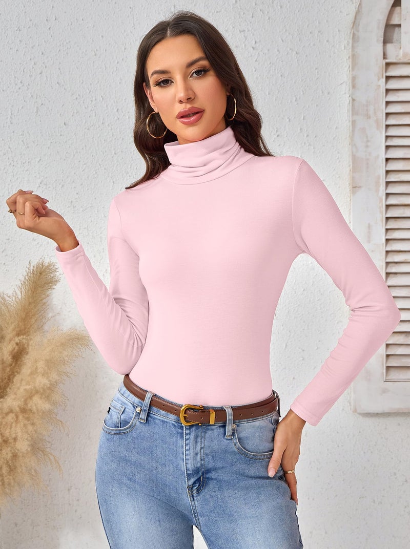 ACIEMR Long Sleeve Shirts for Women - Elegant Turtleneck Tops, Slim Fit Basic Turtle Neck Tee for Fall Winter Business & Daily Fashion 2025 Light Pink XX-Large - Image 2