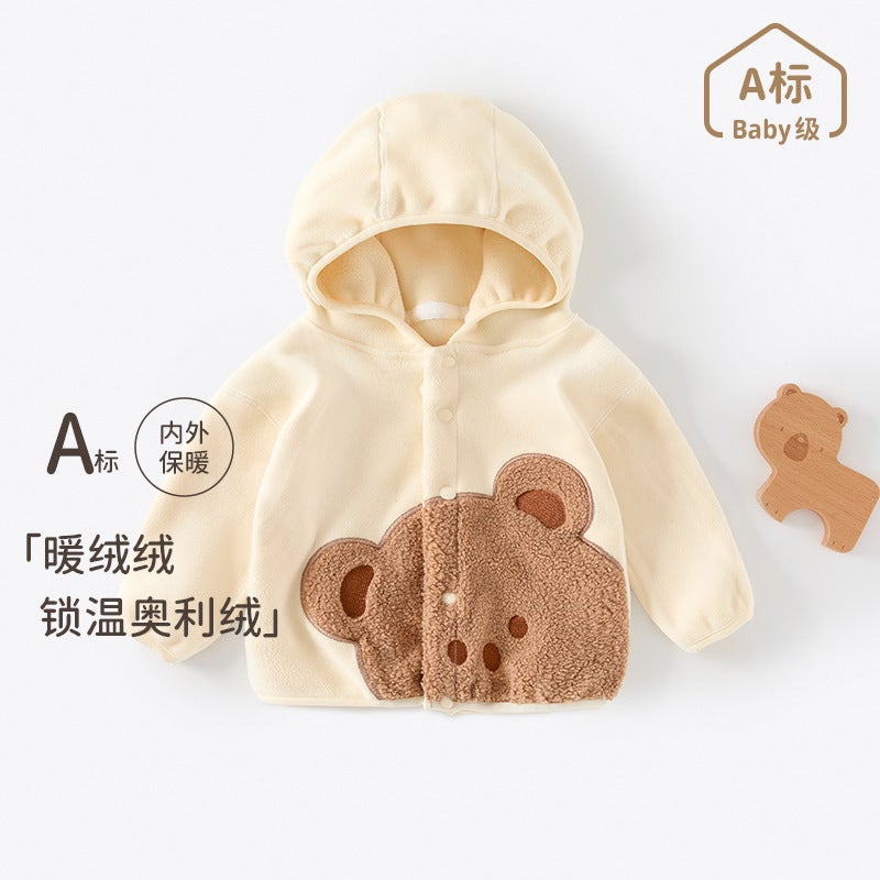 Baby Fleece-Lined Coat Hooded Children'S Coat Boys And Girls Cardigan Winter Fleece-Lined Ollie Velvet Double-Sided Fleece - Image 2