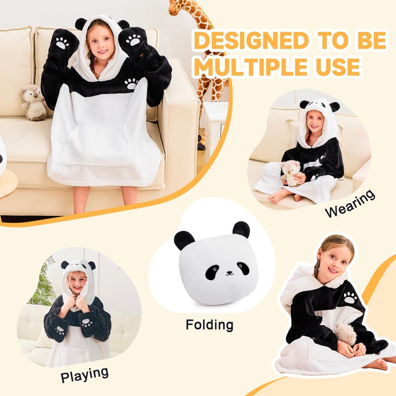 IFNOW Wearable Blanket Hoodie for Kids  Oversized Warm Cozy Teen Blanket Sweatshirt Animal Hoodie with Portable Foldable Blanket Pillow for Boys Girls  Cuffs with Animal Embroidery  (5-15 Years) Panda - Image 2
