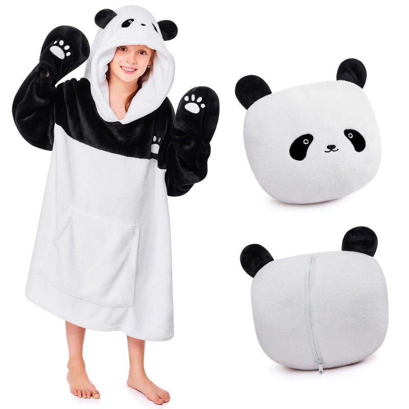 IFNOW Wearable Blanket Hoodie for Kids  Oversized Warm Cozy Teen Blanket Sweatshirt Animal Hoodie with Portable Foldable Blanket Pillow for Boys Girls  Cuffs with Animal Embroidery  (5-15 Years) Panda - Image 1