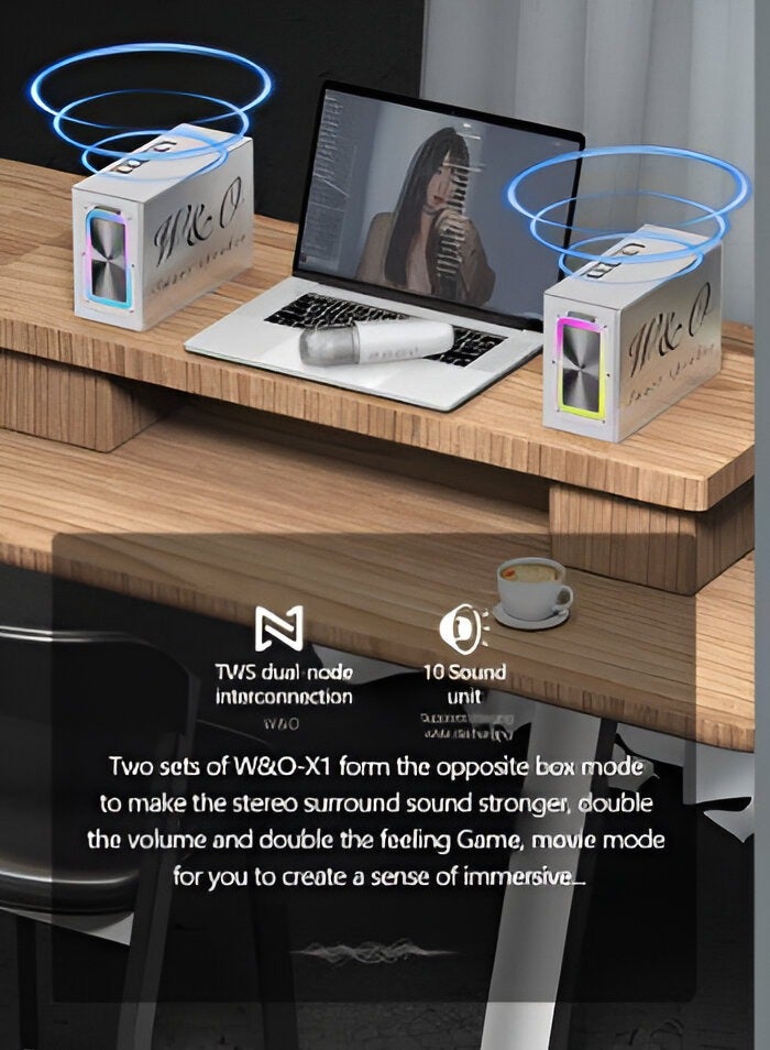 W&O Portable Smart Bluetooth Speaker with Two Wireless Microphones Built-in RGB Light Support TWS/AUX/USB/TF - Image 4