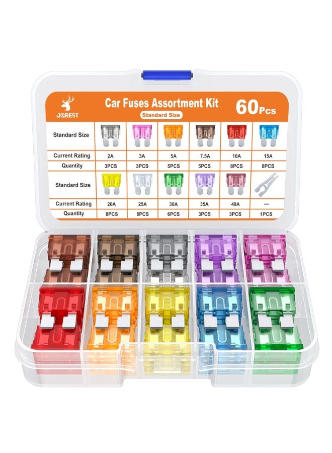 Jorest JOREST 60Pcs Standard Car Fuse Kit -Replacement Fuses Assortment Kit for Car/RV/Truck/Motorcycle(2Amp 3A 5A 7.5A 10A 15A 20A 25A 30A 35A 40A) - Standard Blade Fuses Automotive + Auto Fuse Puller  - Image 1