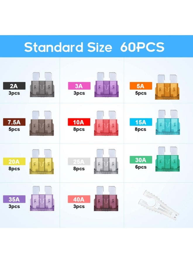 Jorest JOREST 60Pcs Standard Car Fuse Kit -Replacement Fuses Assortment Kit for Car/RV/Truck/Motorcycle(2Amp 3A 5A 7.5A 10A 15A 20A 25A 30A 35A 40A) - Standard Blade Fuses Automotive + Auto Fuse Puller  - Image 2