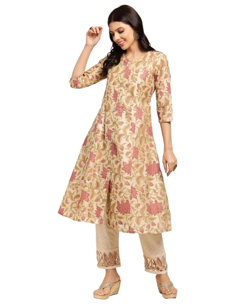 RATAN Chanderi Silk Gold Printed Flared Ethnic Wear Regular Fit Kurti for Women (MAHI-016-Large_Beige) - Image 1