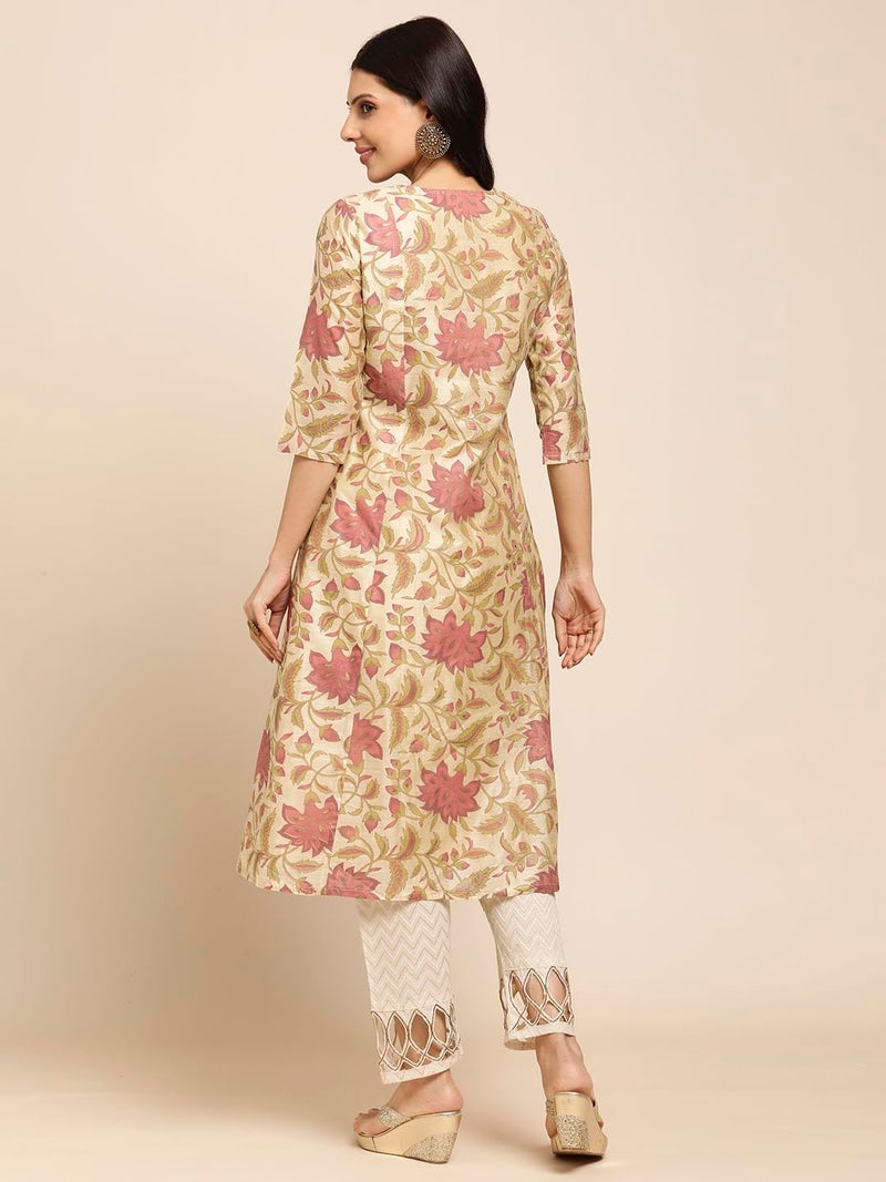RATAN Chanderi Silk Gold Printed Flared Ethnic Wear Regular Fit Kurti for Women (MAHI-016-Large_Beige) - Image 3