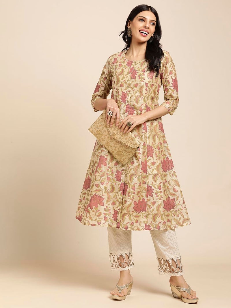 RATAN Chanderi Silk Gold Printed Flared Ethnic Wear Regular Fit Kurti for Women (MAHI-016-Large_Beige) - Image 4