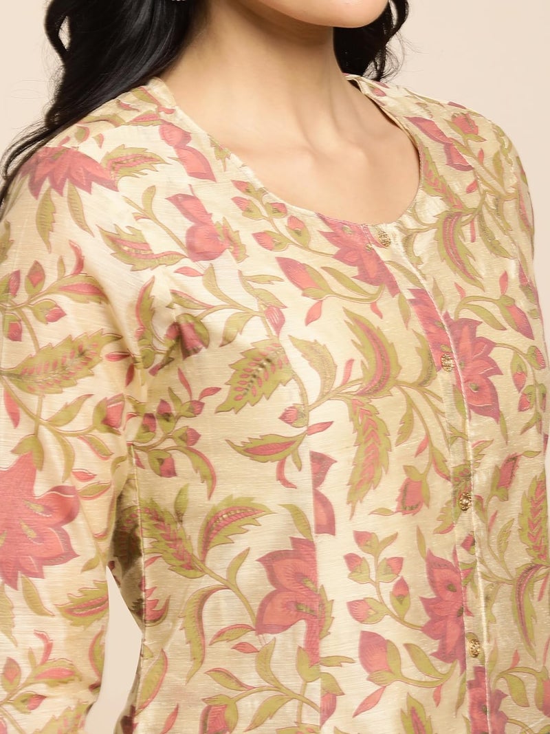 RATAN Chanderi Silk Gold Printed Flared Ethnic Wear Regular Fit Kurti for Women (MAHI-016-Large_Beige) - Image 2