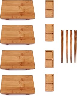 BambooMN BambooMN Bamboo Sushi Board Tray, Chopsticks and Compartment Sauce Dish, 8.3" Rectangle - 4 Sets  - Image 1