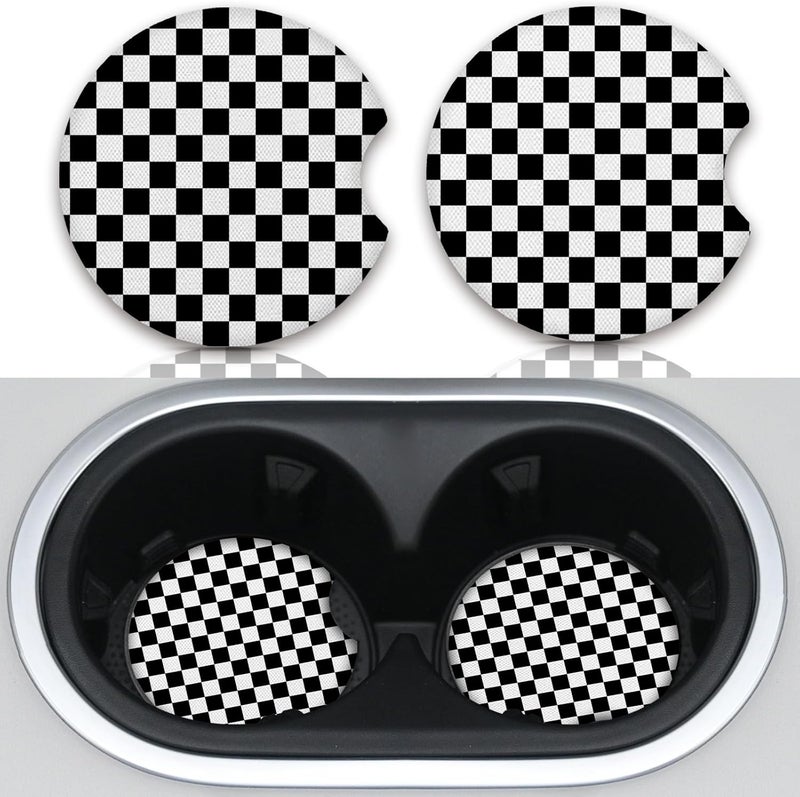 Adastrah Cute Car Coasters for Cup Holders, 2 Pack Absorbent Universal Neoprene Car Coasters with Finger Slot, Auto Accessories for Women & Men,2.56"(Black/White) - Image 1
