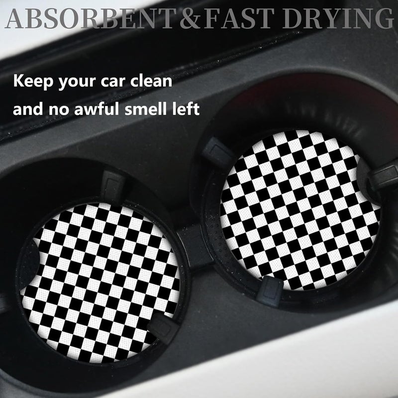 Adastrah Cute Car Coasters for Cup Holders, 2 Pack Absorbent Universal Neoprene Car Coasters with Finger Slot, Auto Accessories for Women & Men,2.56"(Black/White) - Image 2