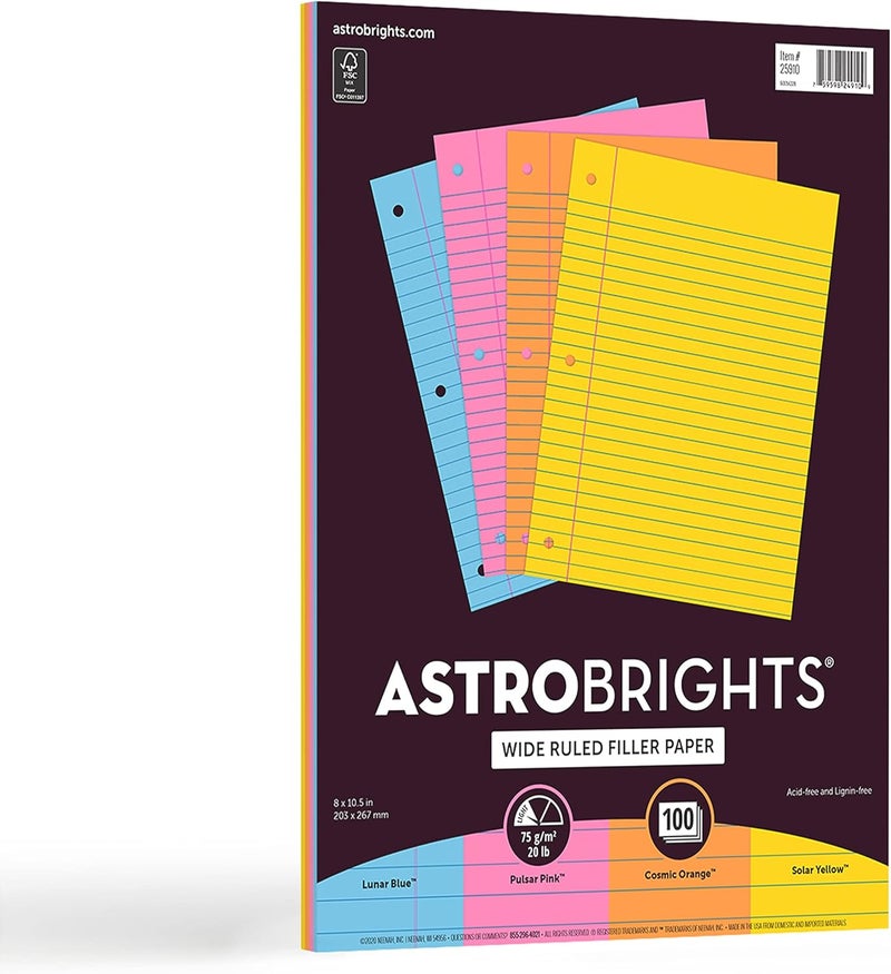 ® Filler Paper, 8" x 10 1/2", Wide Ruled, 20 Lb, FSC® Certified, Assorted Colors, Pack Of 100 Sheets