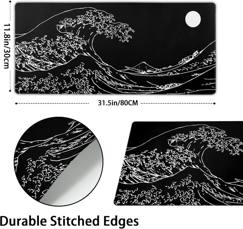 Granbey Black and White Japanese Sea Wave Mouse Pad,Extended Large Gaming Mouse Pads 31.5x11.8 in,Japanese Kanagawa Desk Mat,Laptop Mousepad Non-Slip Rubber MousePads for Office Home Travel - Image 5